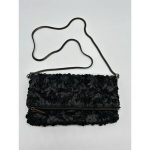 Deux Lux Black Textured Flat‎ Floral Fold Over Crossbody Clutch Bag